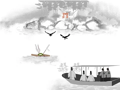 illustration de l'île d'Itsukushima avec un ancien bateau de style japonais